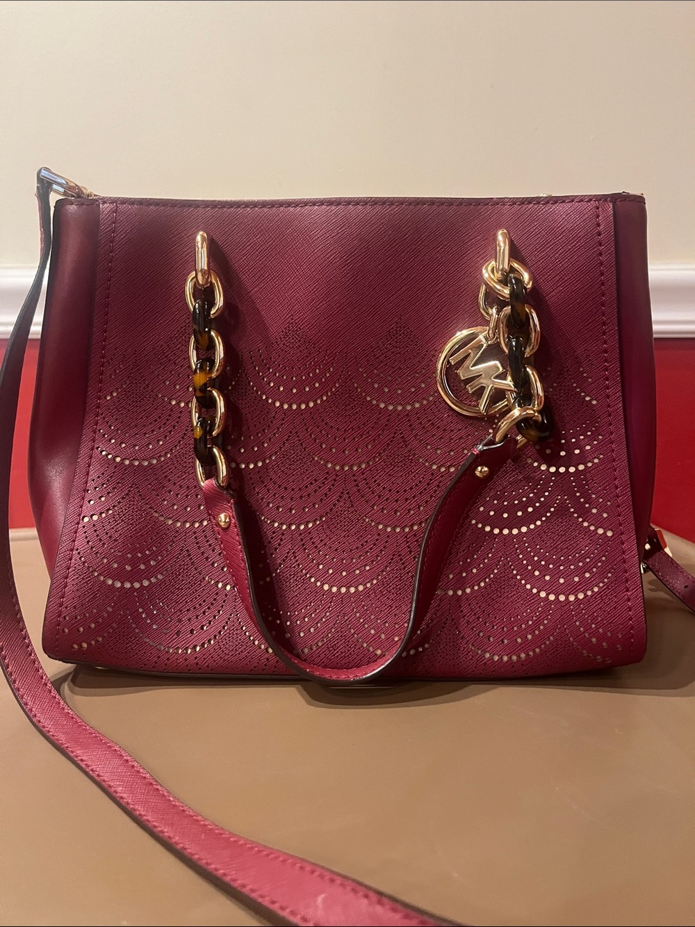 Michael Kors Wine Perforated Saffiano Leather Shoulder Bag with Gold Hardware